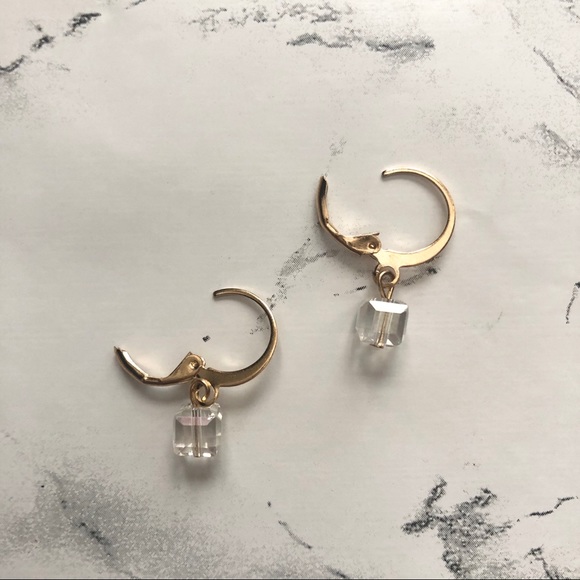 Dainty Dangle Clear Cube Hoop Drop Earrings Gold - Picture 3 of 5